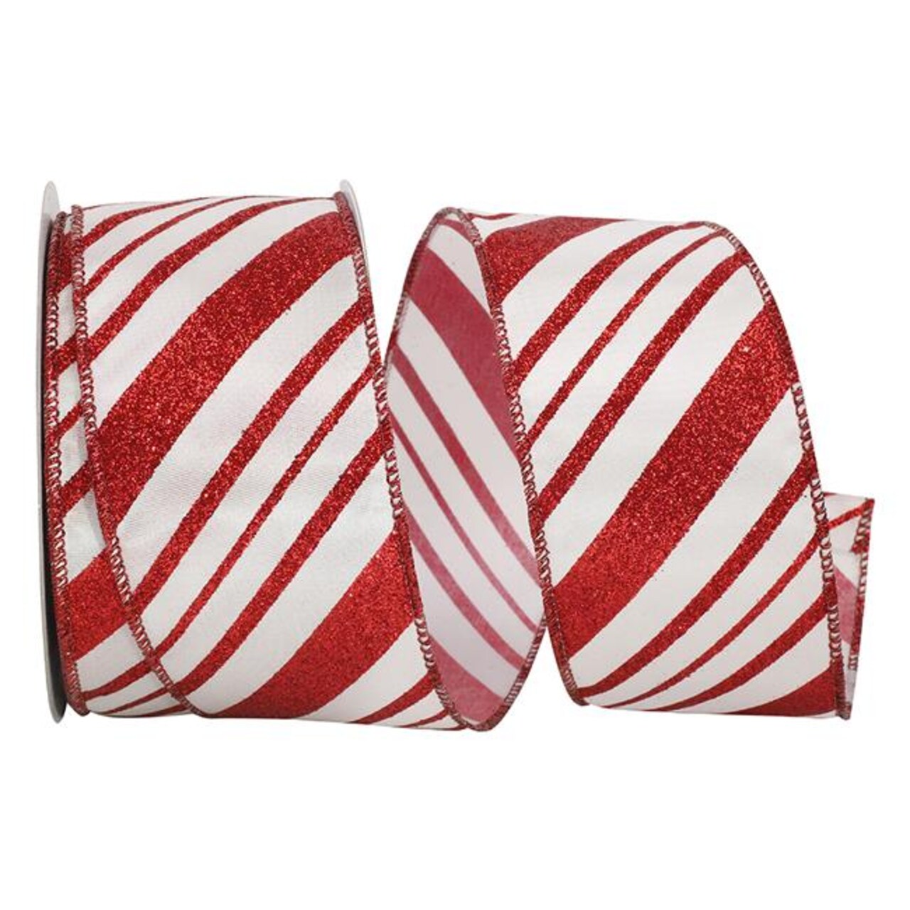 Reliant Ribbon 92783W-695-40H 2.5 in. 20 Yards Glitter Candy Cane Stripe Wired Edge Ribbon, Red & White